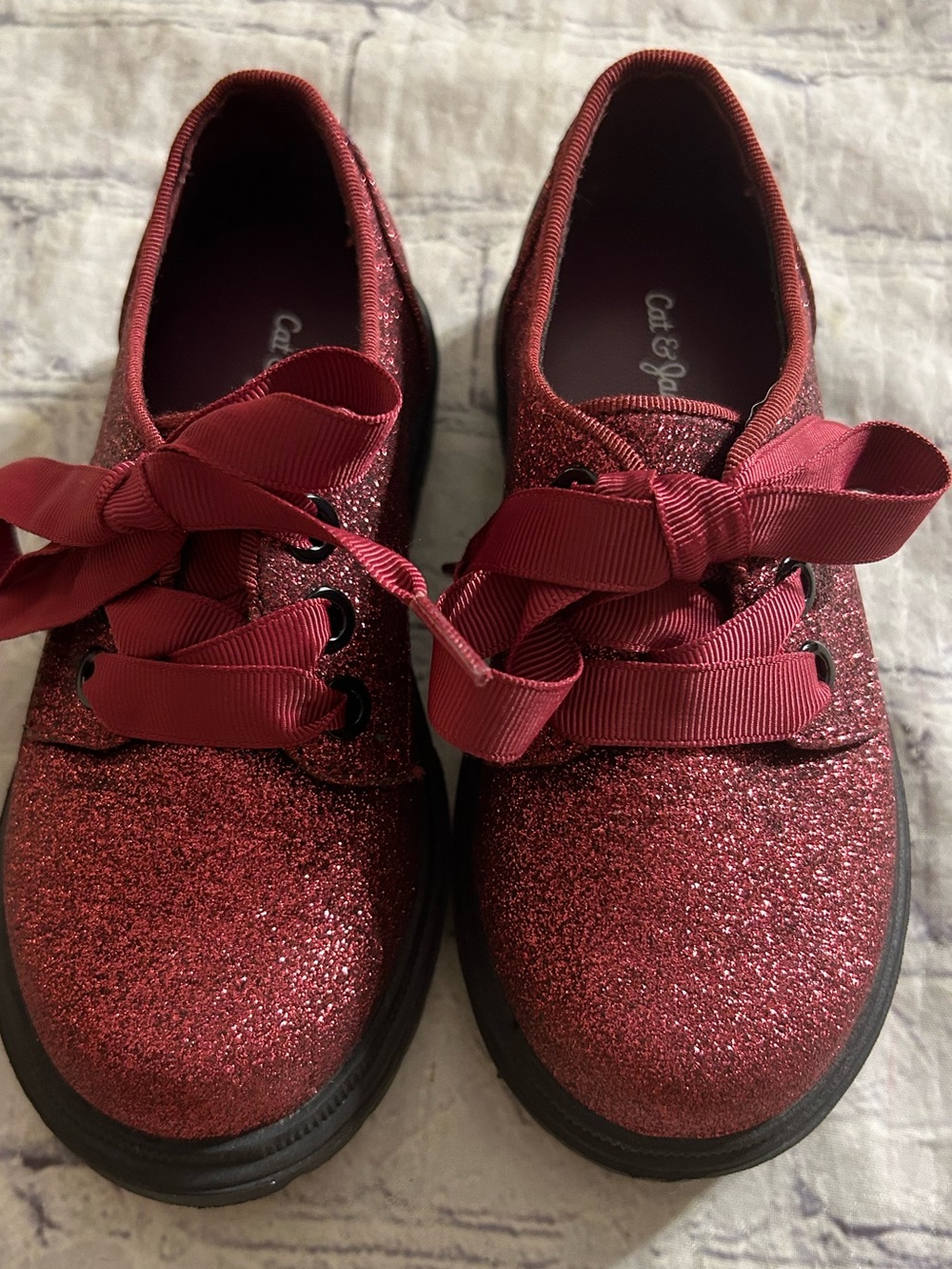 CAT & JACK GLITTER BURGUNDY RIBBON LACES CHUNKY SOLES OXFORDS STYLE GIRLS 9